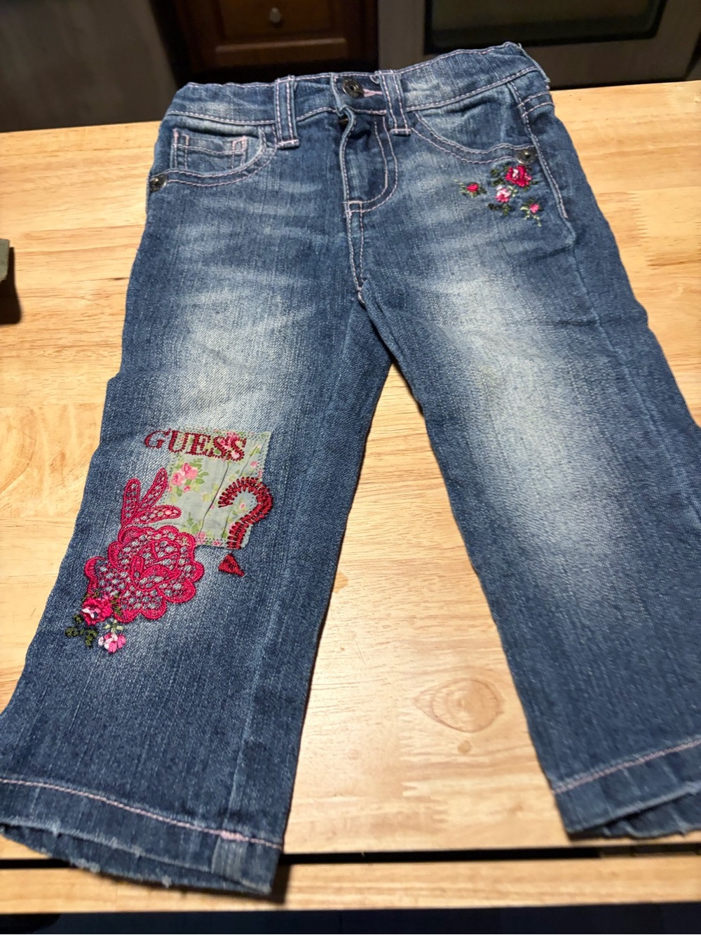 Guess Girls' Blue Denim Flare Jeans with Pink Embroidered Accents